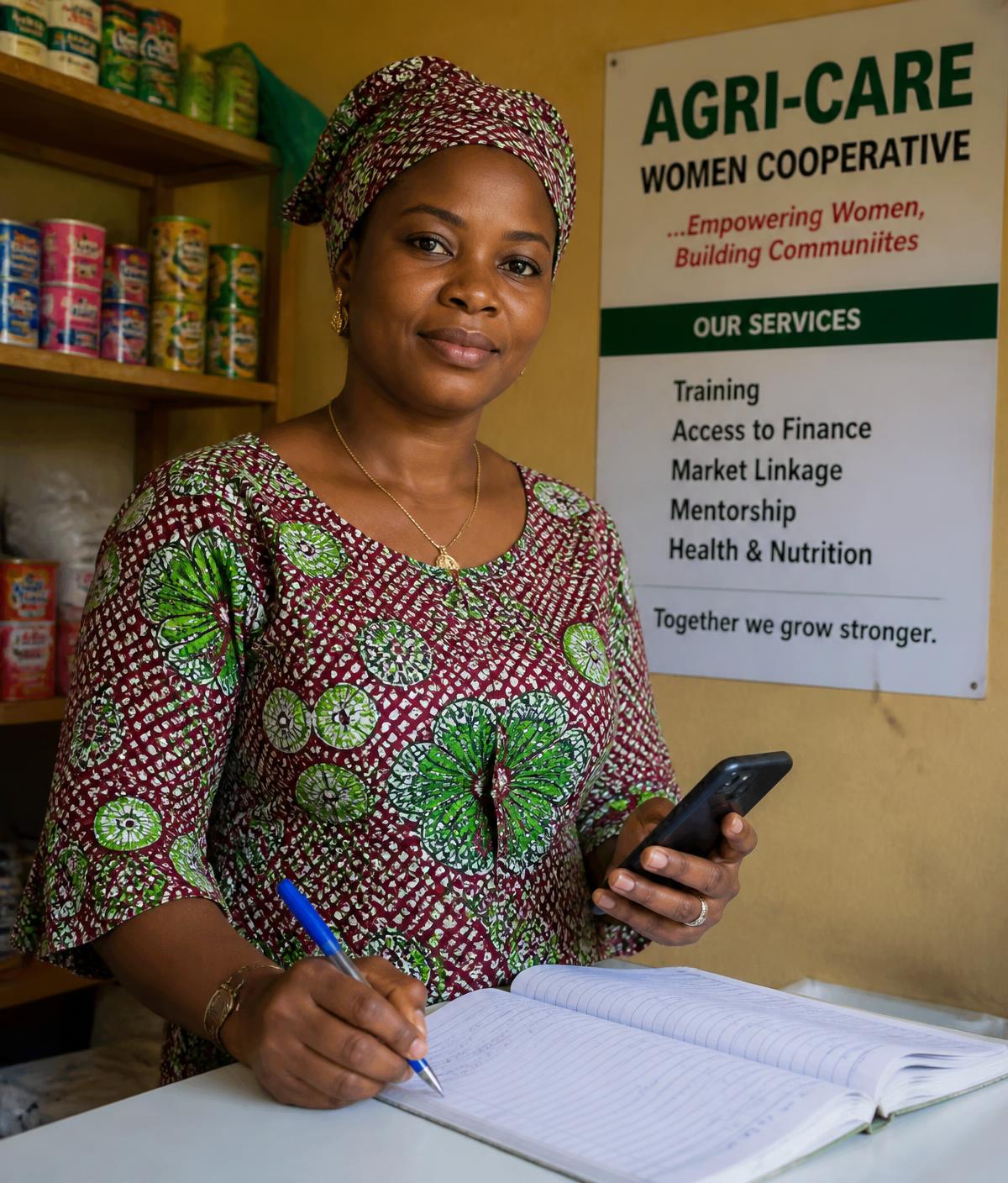 A savings group coordinator updating her record book while holding a phone in her shop