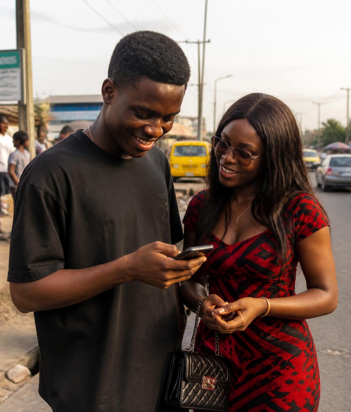 Two members of a community savings group looking at a phone together on a street